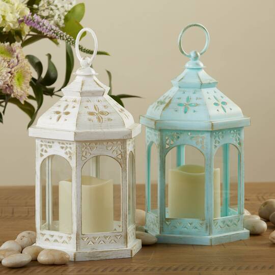 Kate Aspen White LED Hexagon Distressed Lantern Set